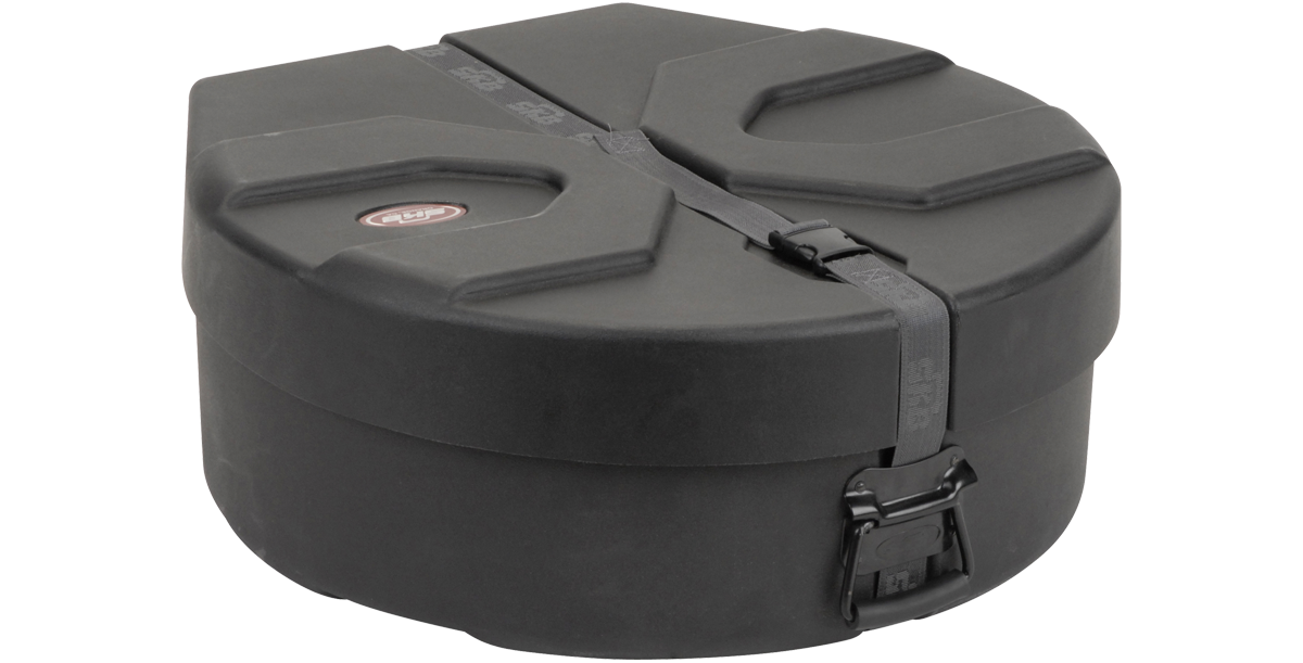Angled view of durable Lead/Tenor Steel Drum Case with molded design and latch closure for percussion instrument protection.