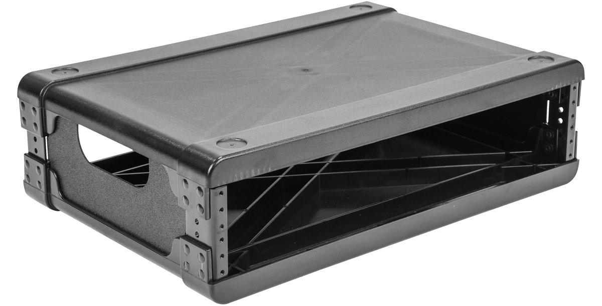 Rear angled view of modular 2U rack frame with rubber feet and durable molded structure, designed for lightweight and portable configurations.