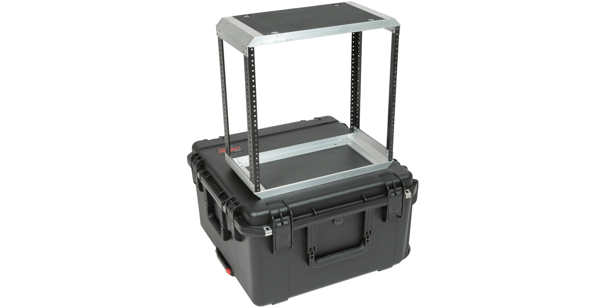 Open 10U Shock Rack iSeries Fly Rack frame without equipment, highlighting lightweight aluminum rails and rugged molded base.