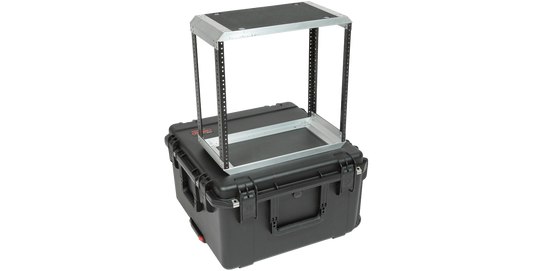 Open 10U Shock Rack iSeries Fly Rack frame without equipment, highlighting lightweight aluminum rails and rugged molded base.