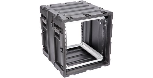 11U Shock Rack - 20-inch Case with open front view showing internal mounting rails for secure electronic transport and shockproof protection.