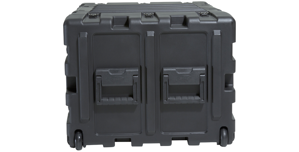 End view of 7U Shockproof Rack with two large handles and rugged wheels for mobility in demanding environments.