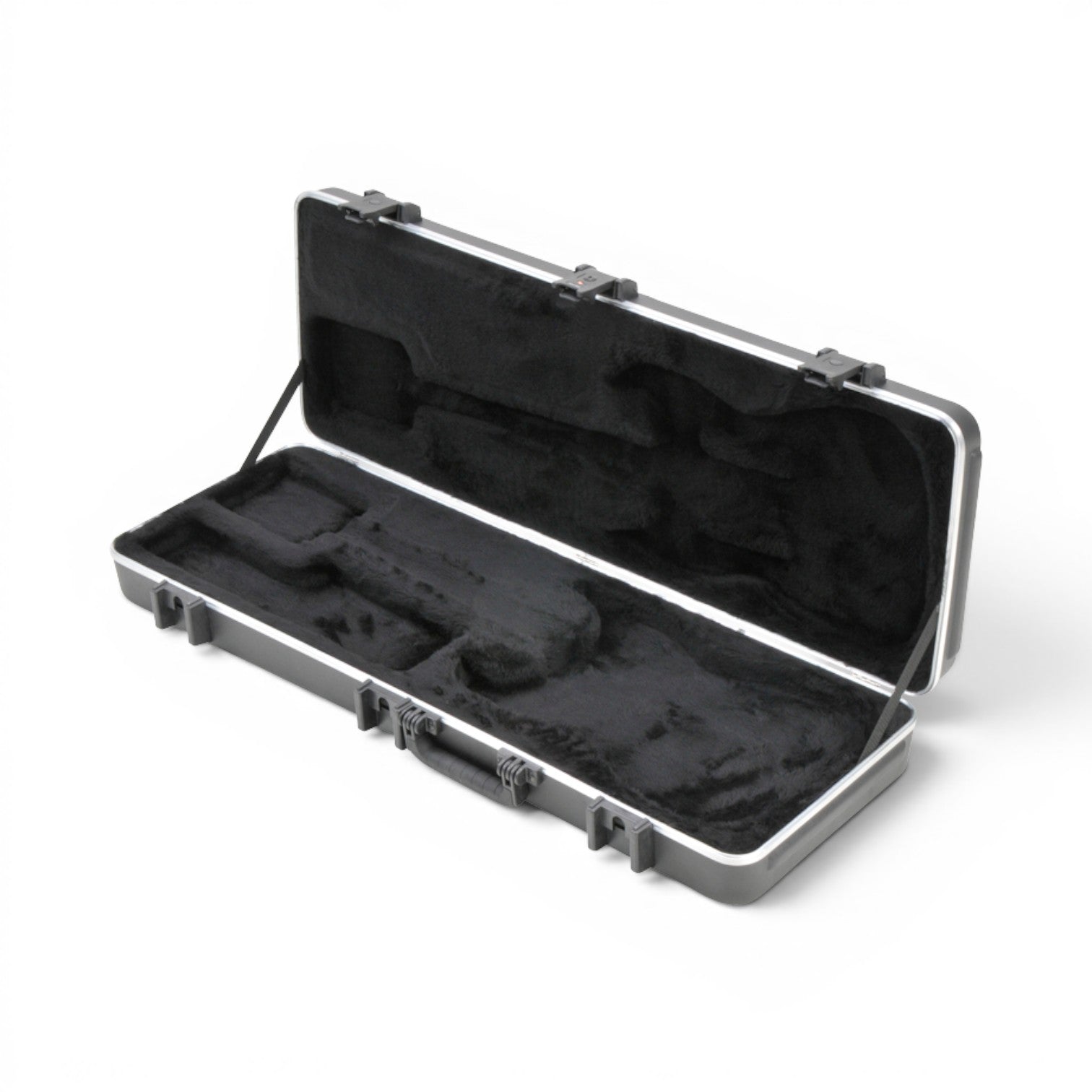 Angled view of open SKB Pro Electric Guitar Case showing contoured interior for Strat/Tele models and accessory compartment.