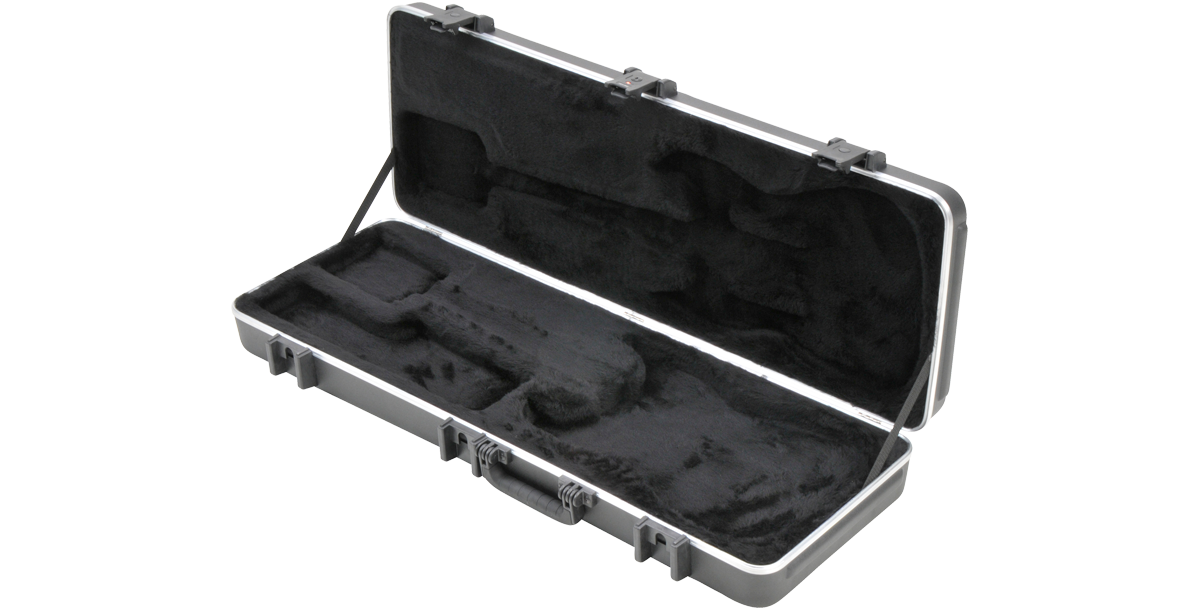 Angled view of open SKB Pro Electric Guitar Case showing contoured interior for Strat/Tele models and accessory compartment.