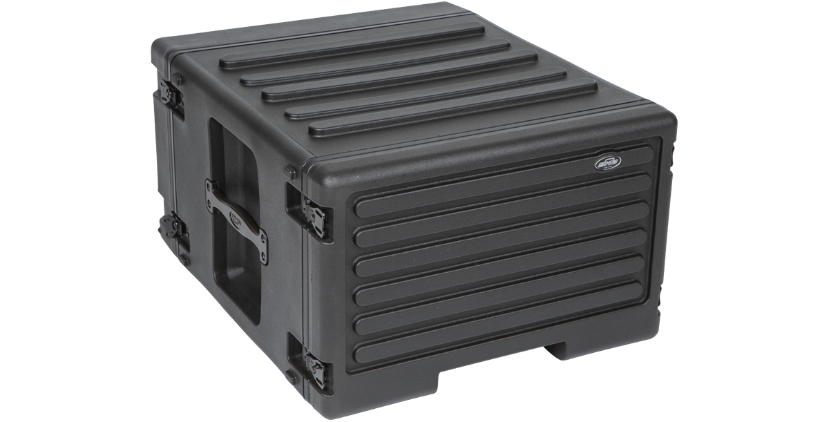Angled rear view of 6U Rolling Rack with SKB logo, showing durable construction and protective rear panel.