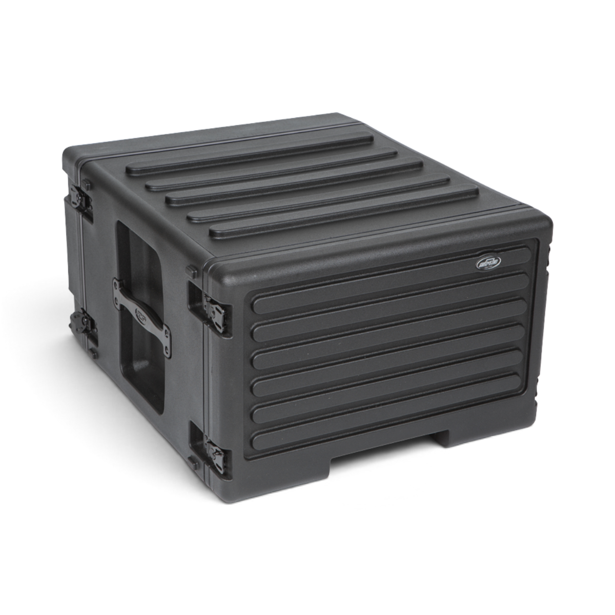 Angled rear view of 6U Rolling Rack with SKB logo, showing durable construction and protective rear panel.