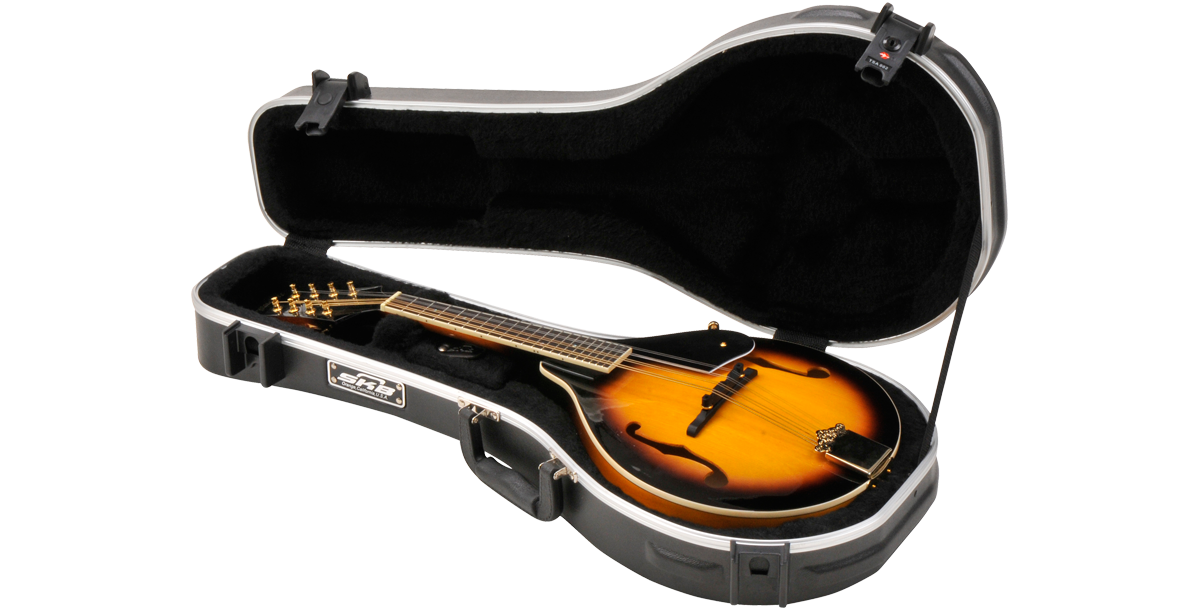 A-Style Mandolin Case open with mandolin, highlighting interior padding and snug fit for instrument protection.