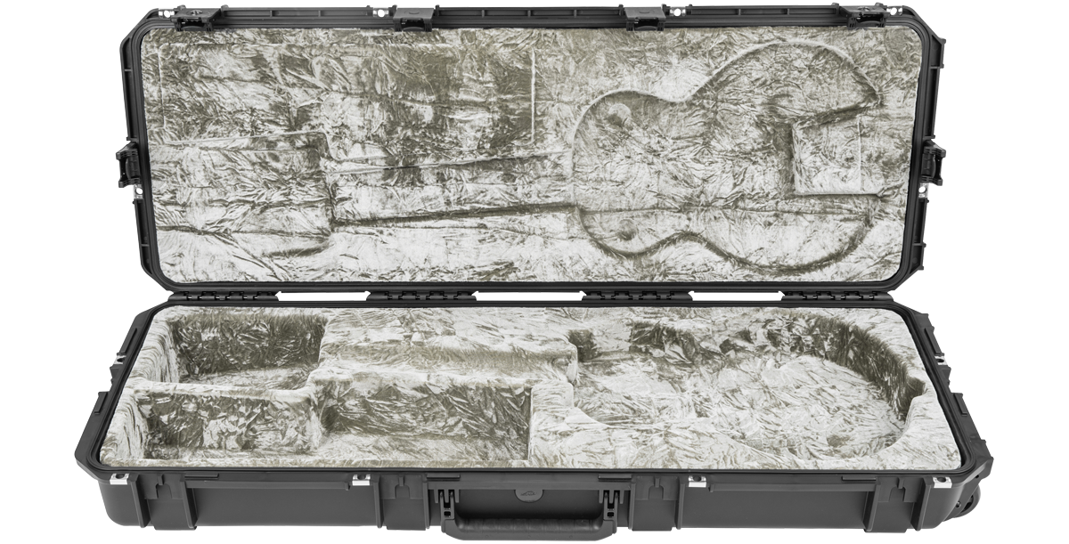 Top-down view of empty SKB iSeries Guitar Case - Les Paul Waterproof with contoured interior for secure guitar fit.