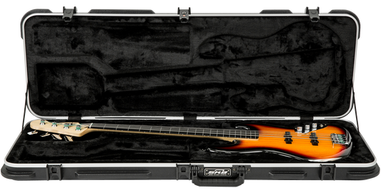 Electric Bass Case - Universal Fit with plush lining and TSA latches, securely holding a sunburst bass guitar inside a molded interior.