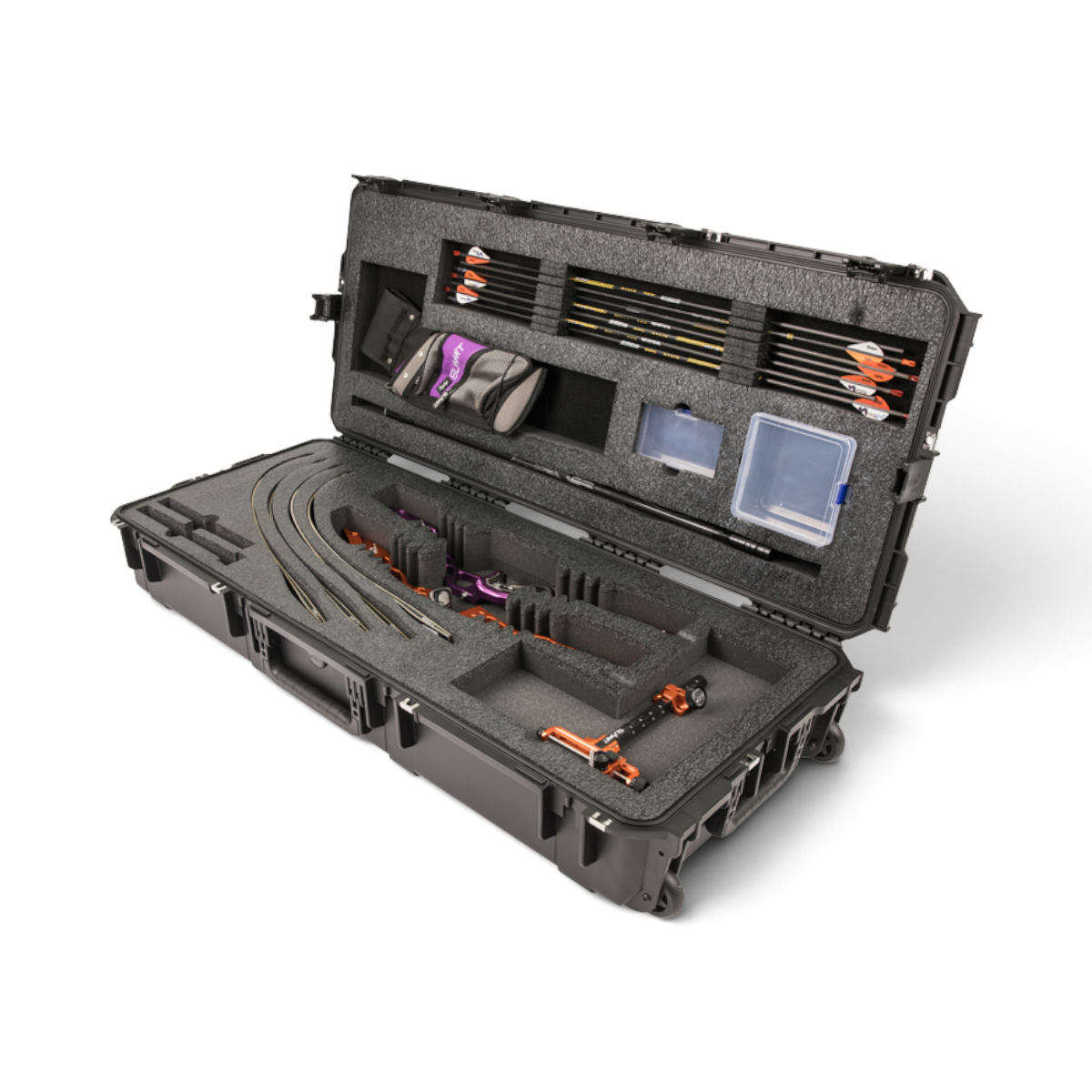 SKB Cases iSeries 4217-7 double recurve bow case with foam interior, holding two bows, arrows, and archery accessories.