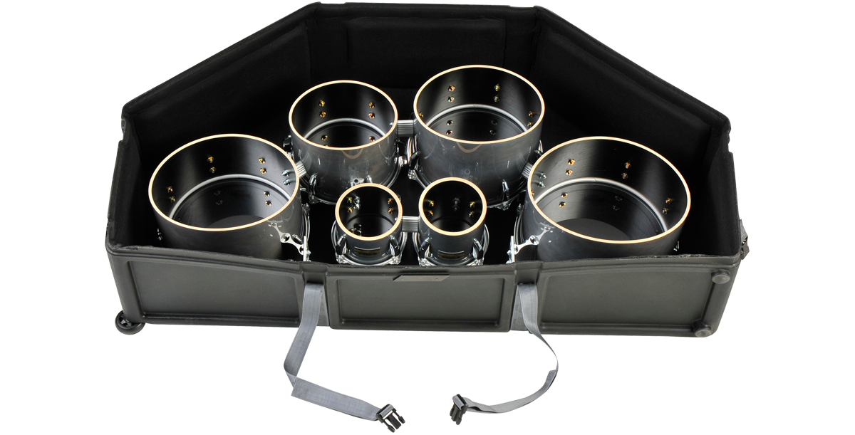 Open Marching Quad Quint Case displaying five mounted drums inside. Designed for safe and organized percussion equipment storage.