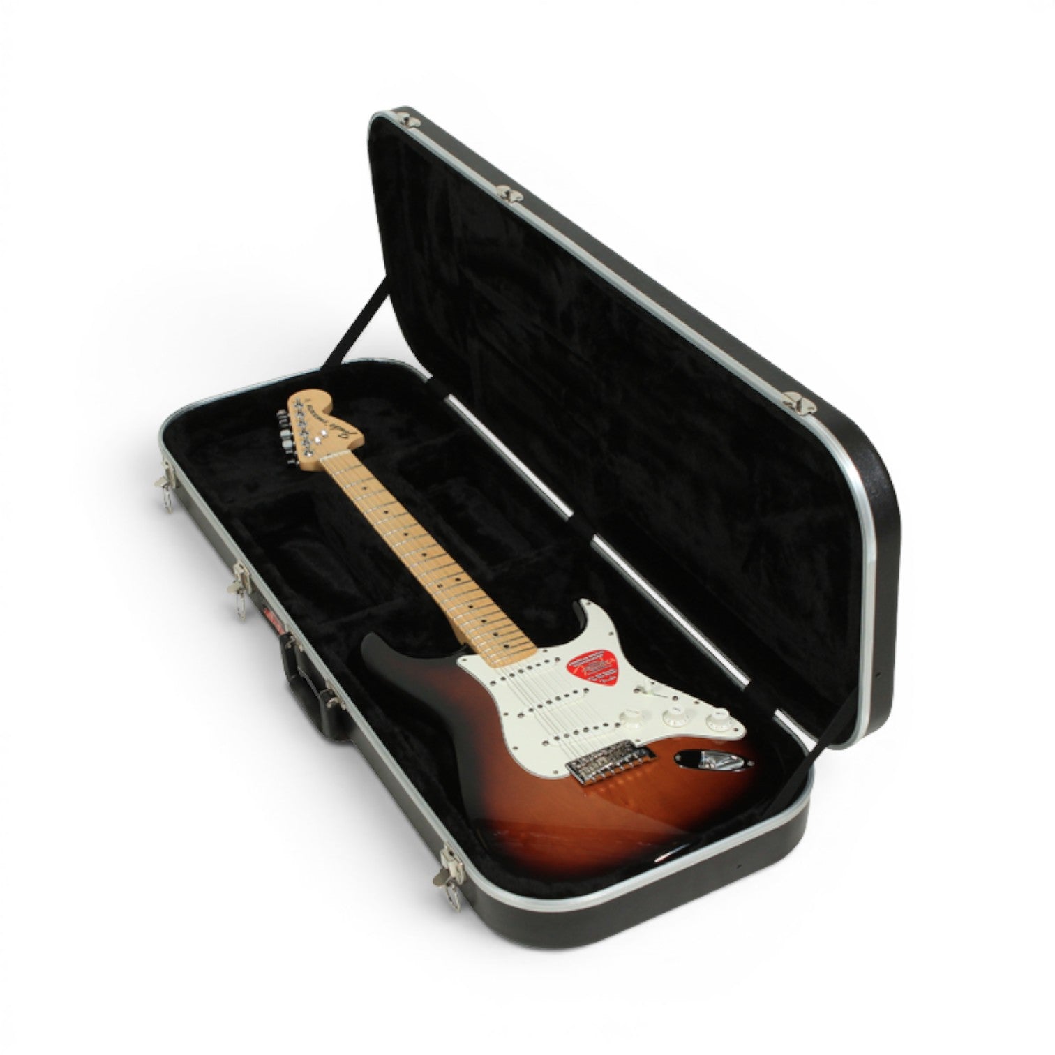 Economical electric guitar case featuring a black plush interior and secure fit for Telecaster-style guitars. Lightweight and protective design.