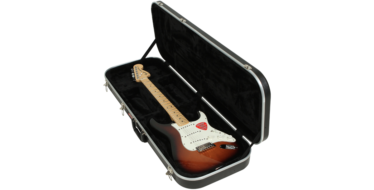 Economical electric guitar case featuring a black plush interior and secure fit for Telecaster-style guitars. Lightweight and protective design.