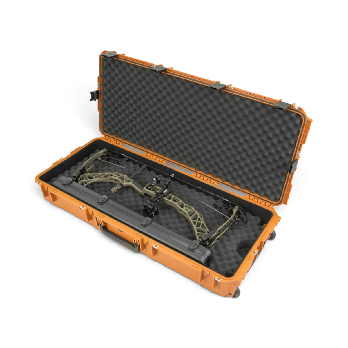 SKB Cases Pro Series double bow case in orange with interior convoluted foam holding a compound bow