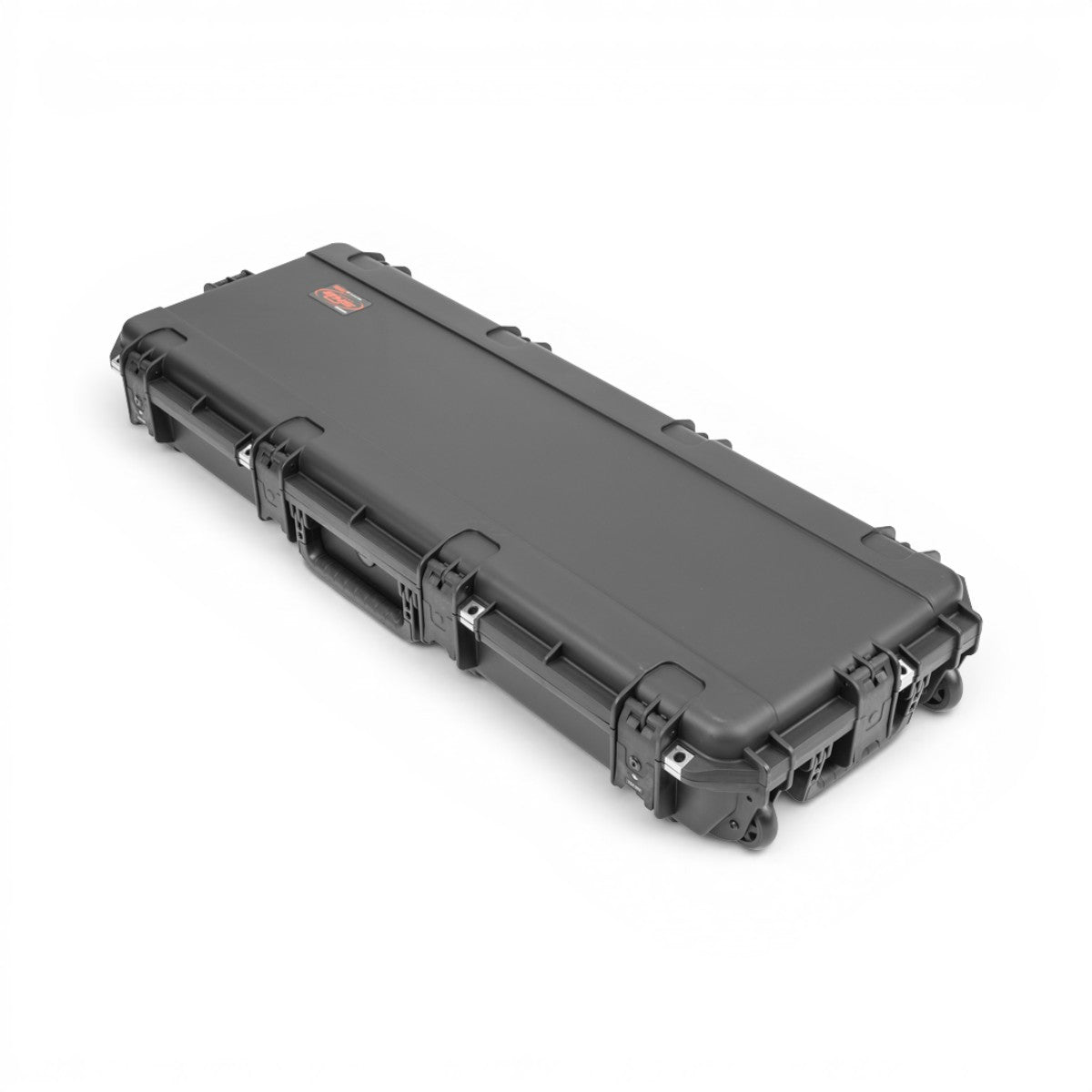 Angled side view of SKB iSeries Guitar Case - Les Paul Waterproof with heavy-duty latches and molded handle.