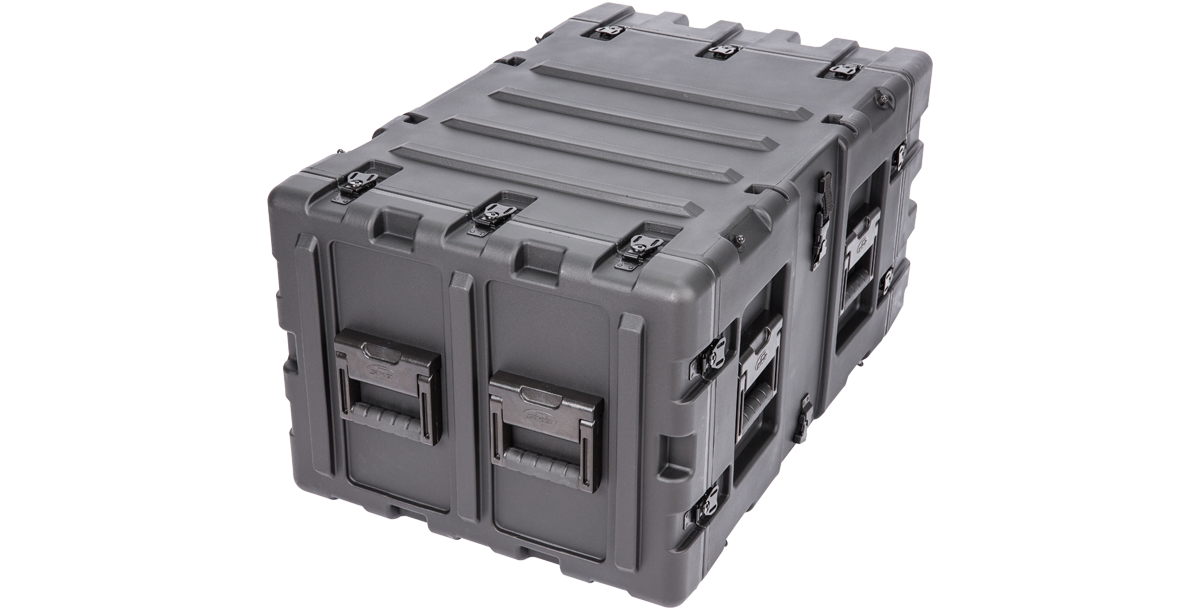 Back-left angle of 7U 24-inch Shock Rack - Secure Transport featuring heavy-duty handles and reinforced shell.