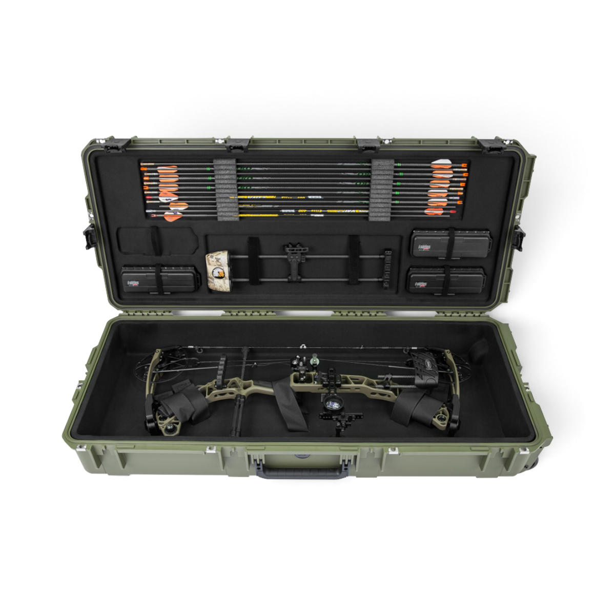 SKB Cases iSeries deluxe large parallel limb bow case in olive green with archery equipment stored inside.