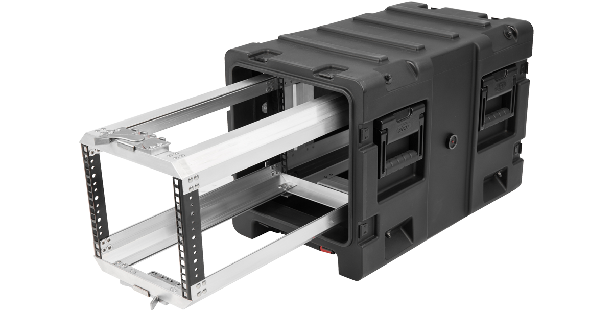 Extended aluminum rack frame inside the 20-inch Shock Rack Case, showcasing its shock-resistant and modular design.