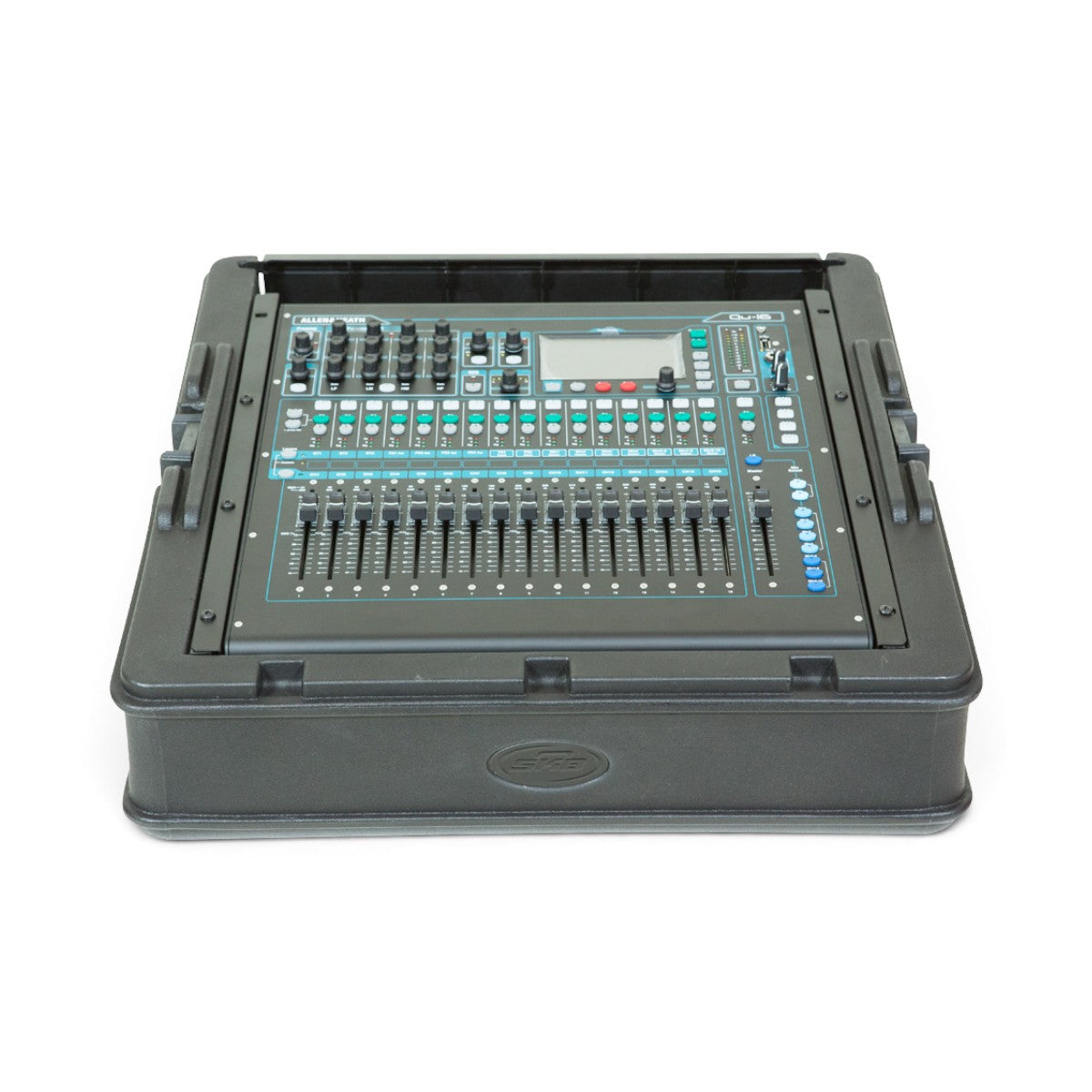 Front view of 10U Mixer Rack Case with Qu-16 mixer, highlighting control panel access and rugged roto-molded construction.