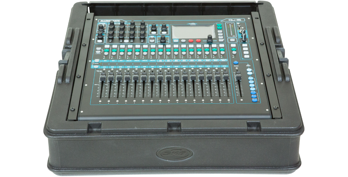 Front view of 10U Mixer Rack Case with Qu-16 mixer, highlighting control panel access and rugged roto-molded construction.