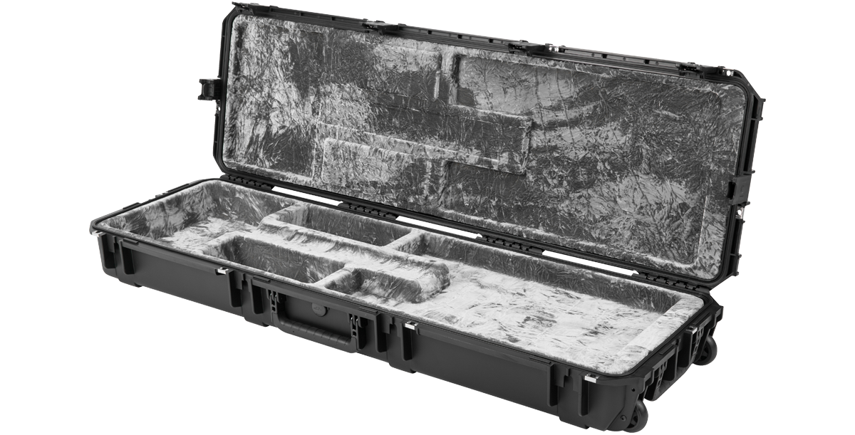 Side angle of open iSeries Waterproof Bass Guitar Case, displaying reinforced edges and plush-lined compartments.