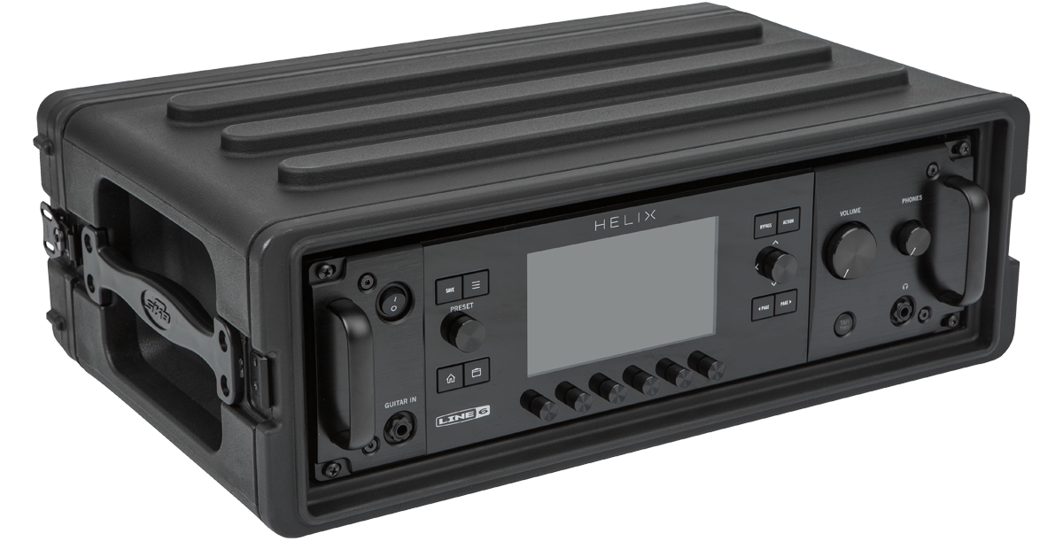 3U SKB Shallow Rack Series with Line 6 Helix Rack mounted, showing front panel and side handles for portability.