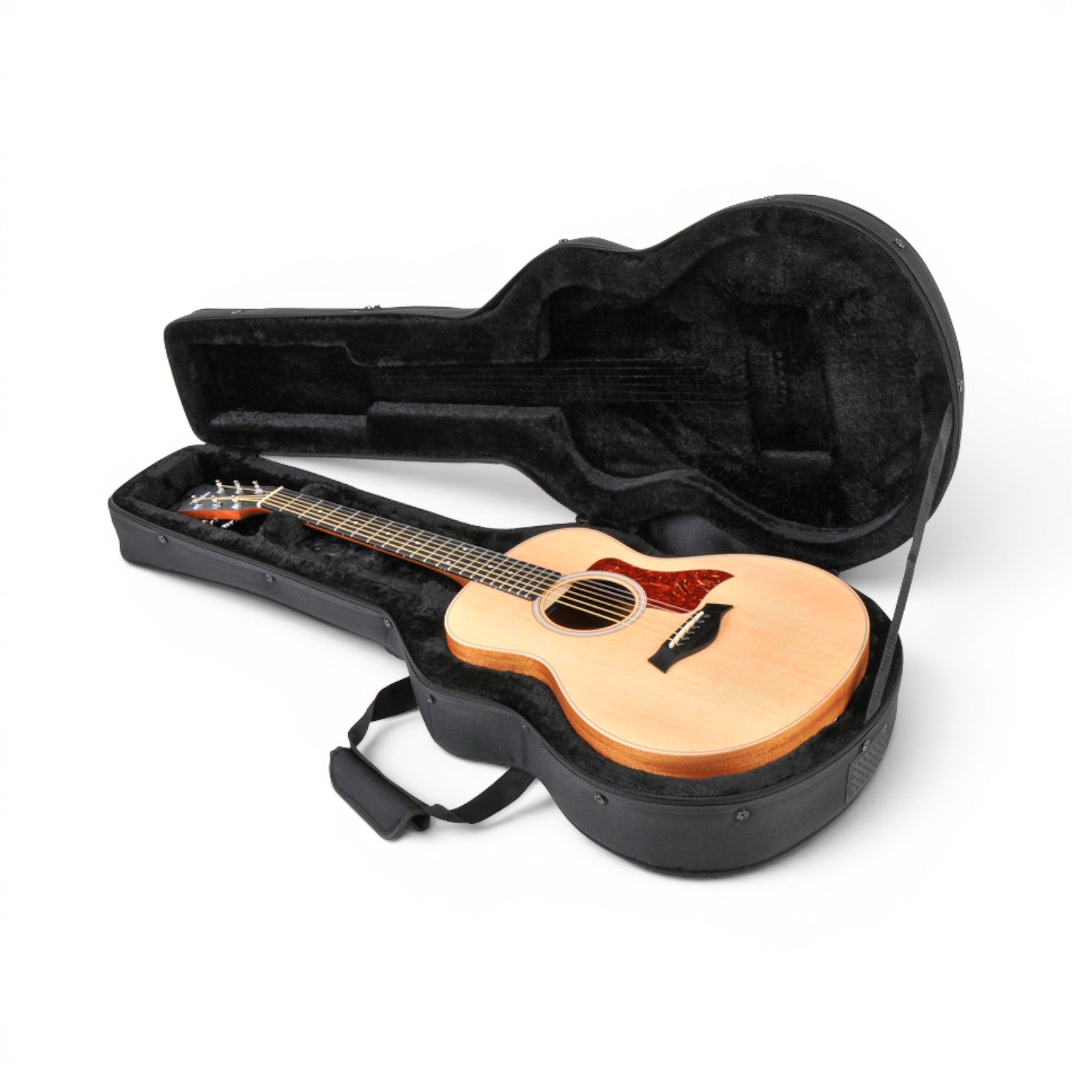 Sturdy GS Mini protective case open with acoustic guitar inside, highlighting snug fit and interior cushioning for travel protection.