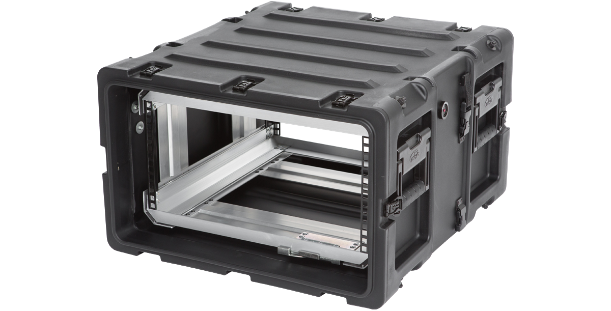 Angled side view of lightweight 5U RR Series 20-inch removable shock rack with reinforced handles and rugged exterior.