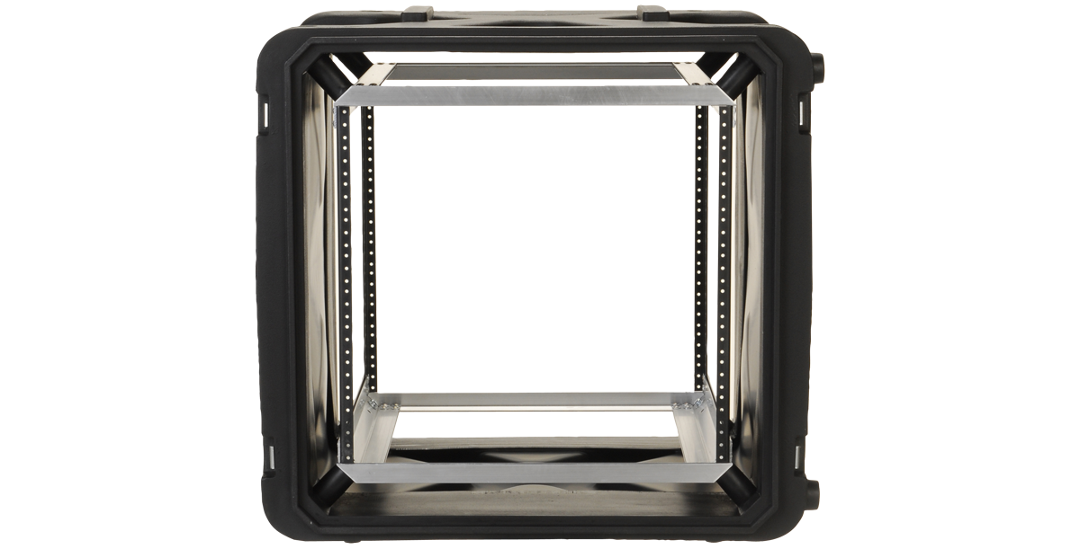 Front view of 20-inch Shock Rack - 10U Deep showing internal elastomer shock system for sensitive gear protection in rackmount setups.
