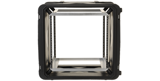 Front view of 20-inch Shock Rack - 10U Deep showing internal elastomer shock system for sensitive gear protection in rackmount setups.