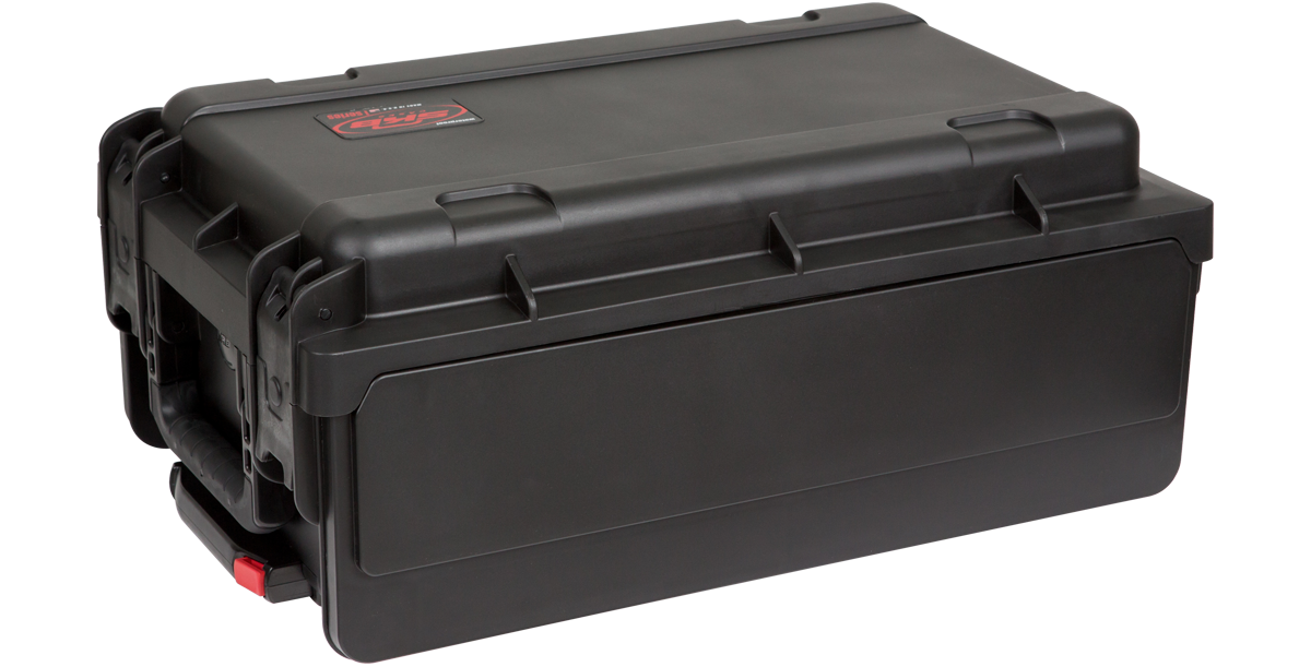 Angled rear view of 2U Studio Flyer Rack Case with handle and wheels, designed for easy transport and rugged use.