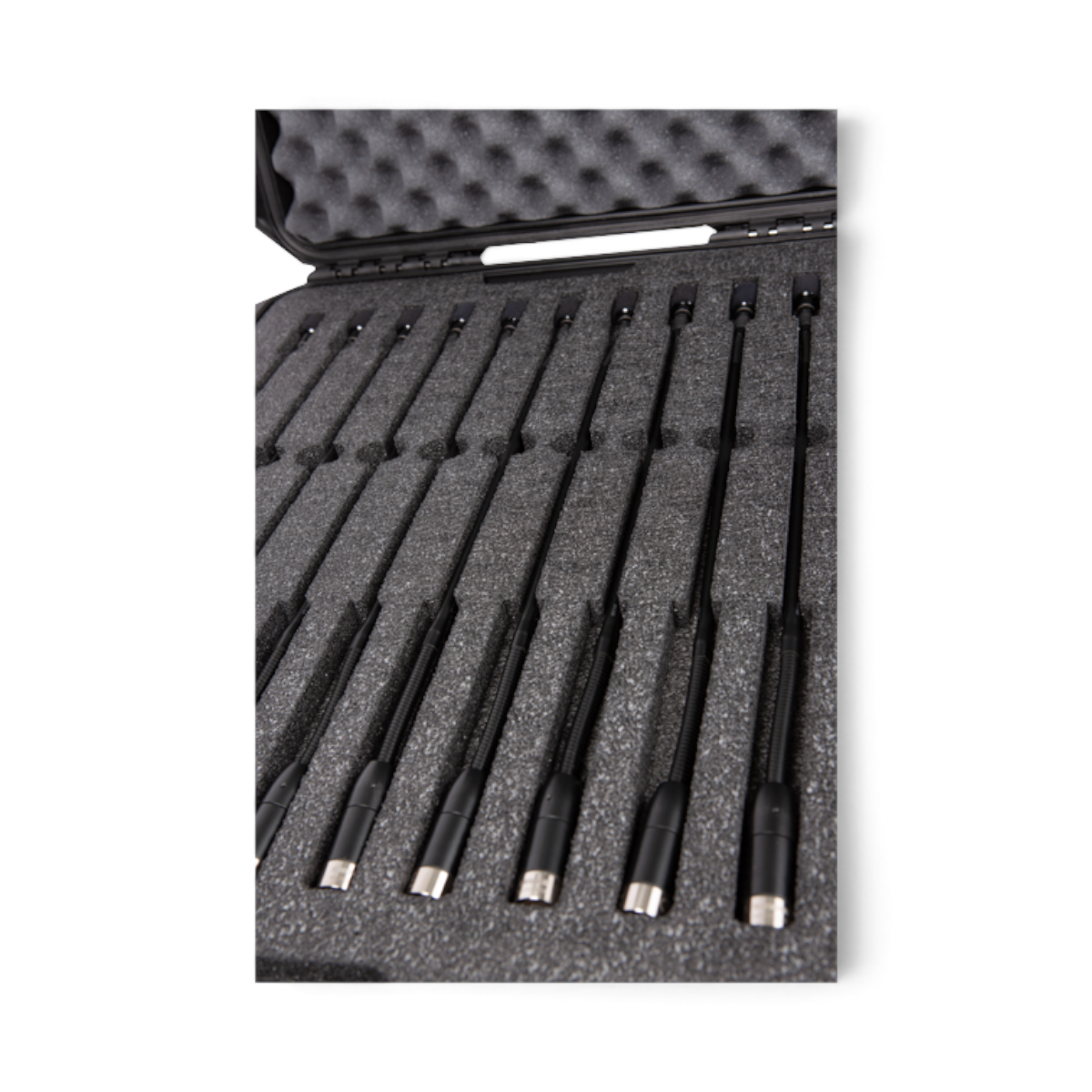 SKB Cases iSeries protective hard case with custom foam interior holding ten Shure Microflex gooseneck microphones