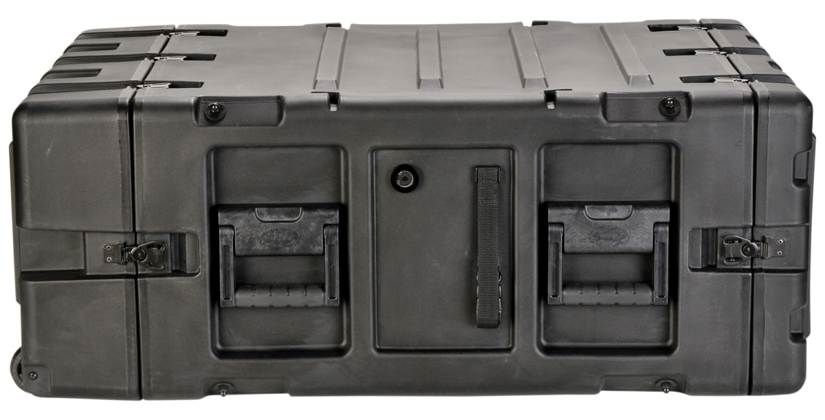 Front view of 24-inch deep 4U shock rack case showing reinforced handles and lockable latches for secure electronics storage.