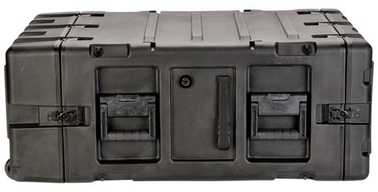 Front view of 24-inch deep 4U shock rack case showing reinforced handles and lockable latches for secure electronics storage.