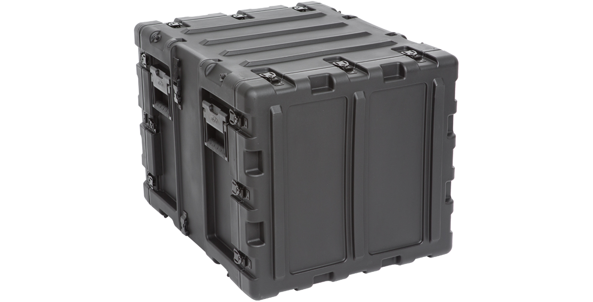 Closed 20-inch shock rack case with reinforced latches and molded exterior for dustproof and waterproof protection of electronics.