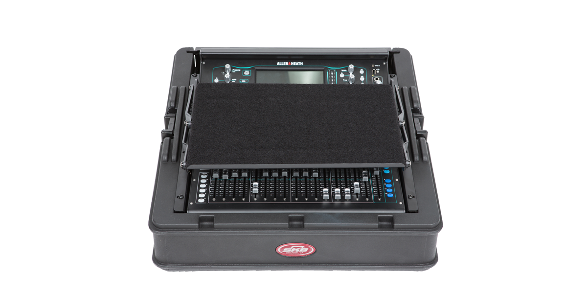 Allen Heath SQ5 mixer installed in SKB GigRig with AV8 shelf partially covering the control surface for compact setup.