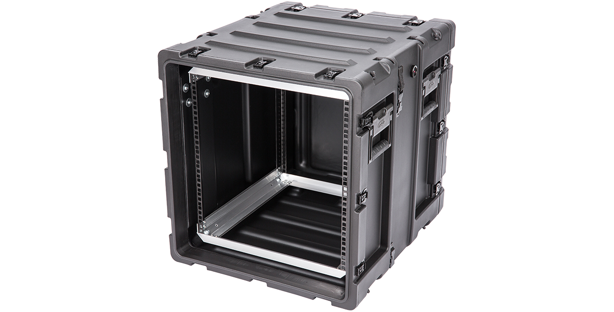 Side-angled view of 11U Shock Rack - 20-inch Case showing durable latches and reinforced corners for watertight and impact-resistant transport.