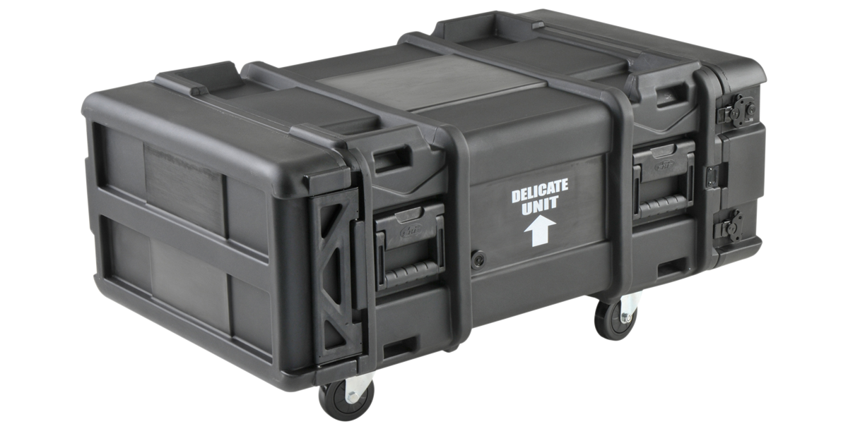 Side view of 4U 28-Inch rSeries Shock Rack with reinforced corners and heavy-duty latches, designed for server and pro-audio equipment protection.