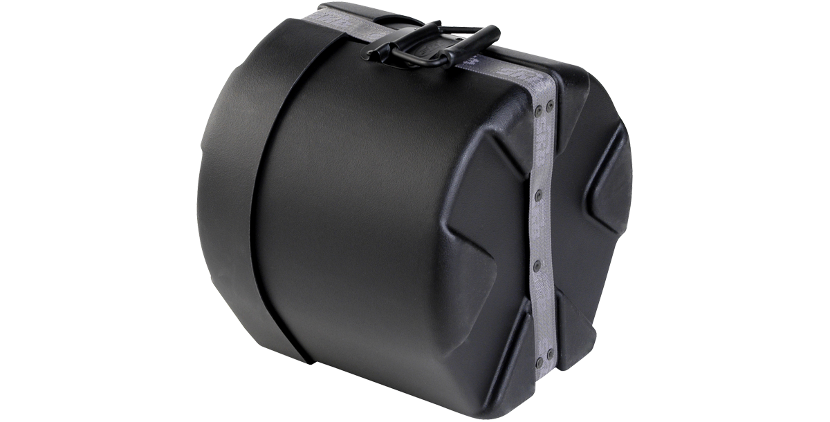 Angled view of roto-molded drum case showing rugged design, molded feet, and reinforced edges for enhanced stability and protection.