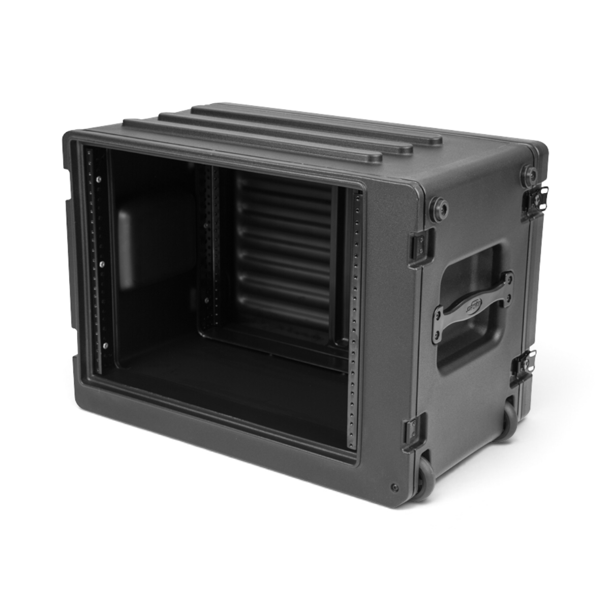 SKB Cases 8U rSeries shallow rolling rack in black polyethylene with steel threaded rails and side-mounted wheels.