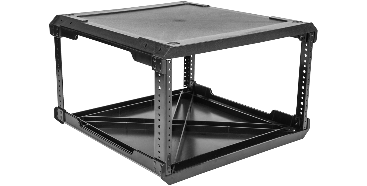 Side perspective of 6U injection molded flyRack with steel rails, 20” deep, designed for portable and modular rack mounting solutions.