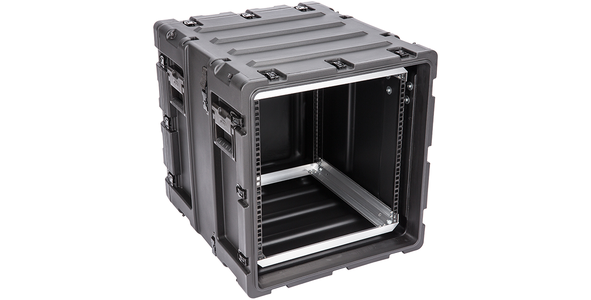 Side-open view of 11U Shock Rack - 20-inch Case highlighting internal rack rails and shock-resistant construction for electronics transport.