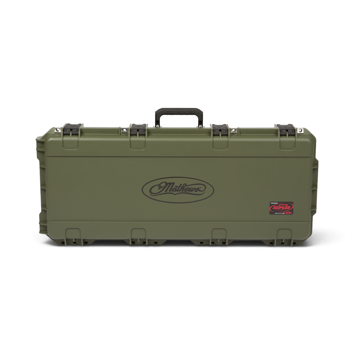 SKB Cases olive green iSeries hard bow case with Mathews logo, featuring a rugged waterproof injection-molded design.