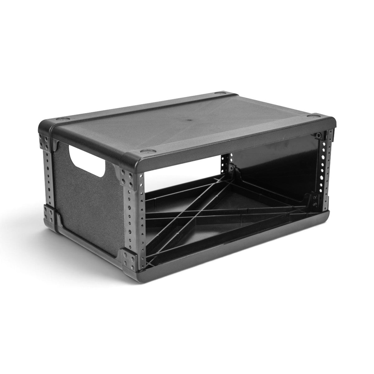 Side perspective of 4U Injection Molded Rack Frame - 13 inch, featuring modular flyRack construction and durable accessory kit compatibility.