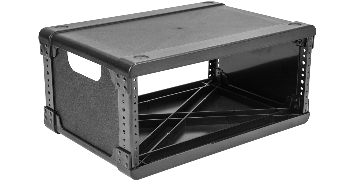 Side perspective of 4U Injection Molded Rack Frame - 13 inch, featuring modular flyRack construction and durable accessory kit compatibility.