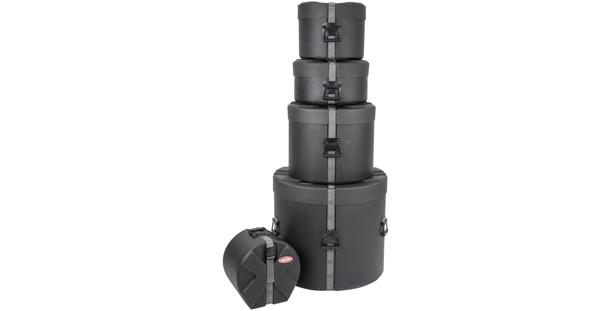 SKB Drum Package - Ultimate Drum Case Set stacked vertically to show nesting capability and compact storage for drum accessories.