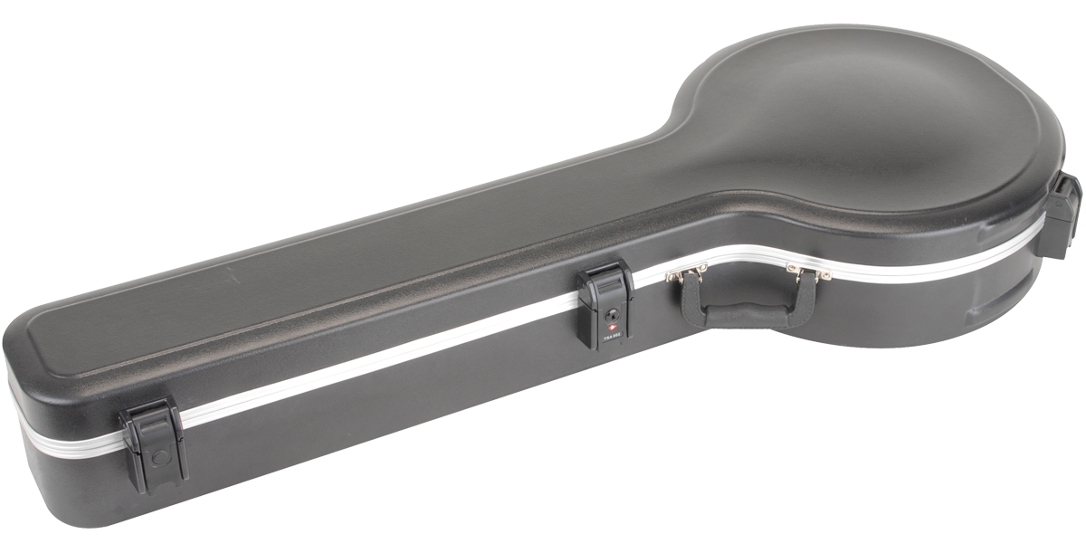 Angled view of the Universal Banjo Case with TSA Locks, highlighting the reinforced edges and secure locking system for travel safety.
