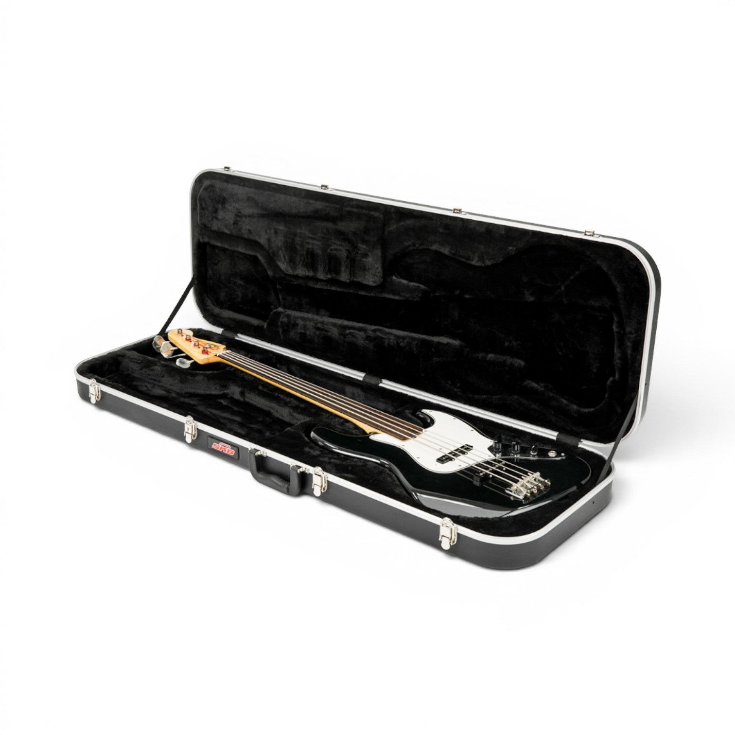 Economy Electric Bass Guitar Case with plush lining, angled view displaying snug fit for bass guitar and durable latches for protection.