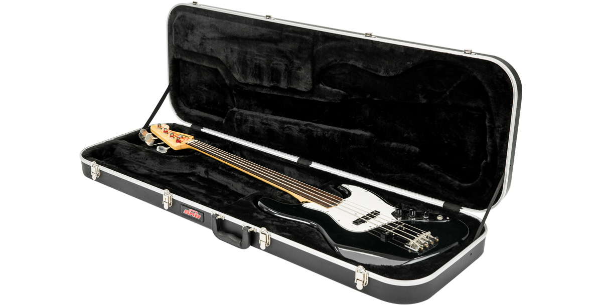 Economy Electric Bass Guitar Case with plush lining, angled view displaying snug fit for bass guitar and durable latches for protection.