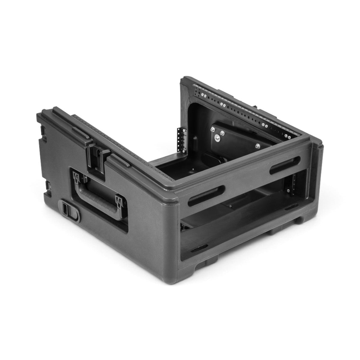 SKB Cases 10U top and 2U front rack rolling compact rig in black with TSA locking latches and durable design.